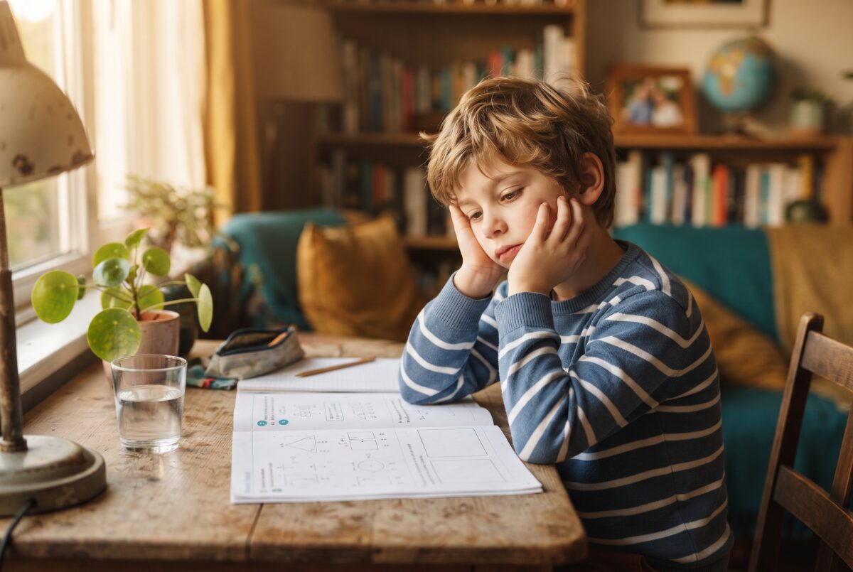 A school-age child resting their head on one hand at a homework desk, looking tired and unable to focus