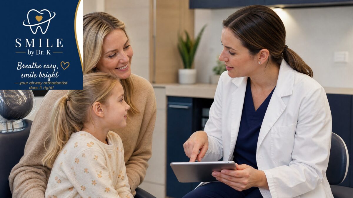 A clinician explaining a tablet to a mother and young daughter in a dental office, illustrating a complimentary airway evaluation, Smile By Dr. K branded image