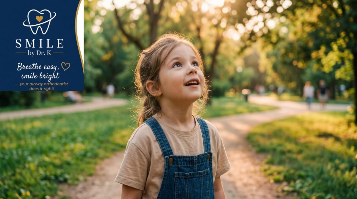 Young child outdoors with mouth gently open, illustrating mouth breathing in children, Smile By Dr. K branded image