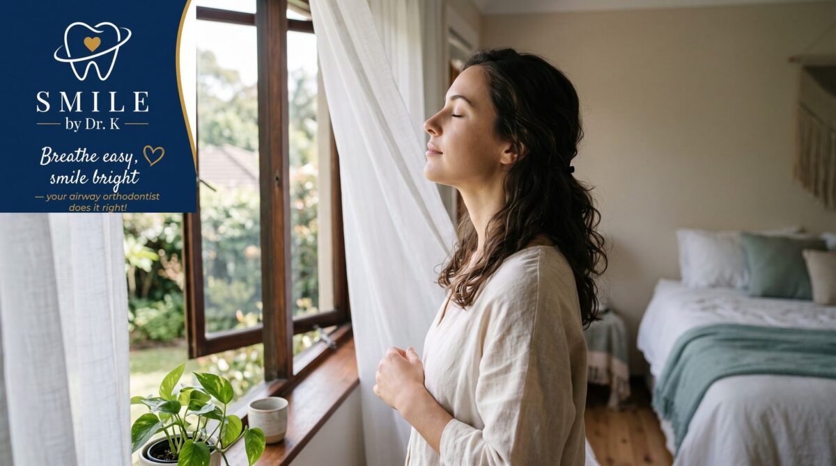 Person taking a calm deep breath by a sunlit window, illustrating the James Nestor Breath airway orthodontics article, Smile By Dr. K branded image