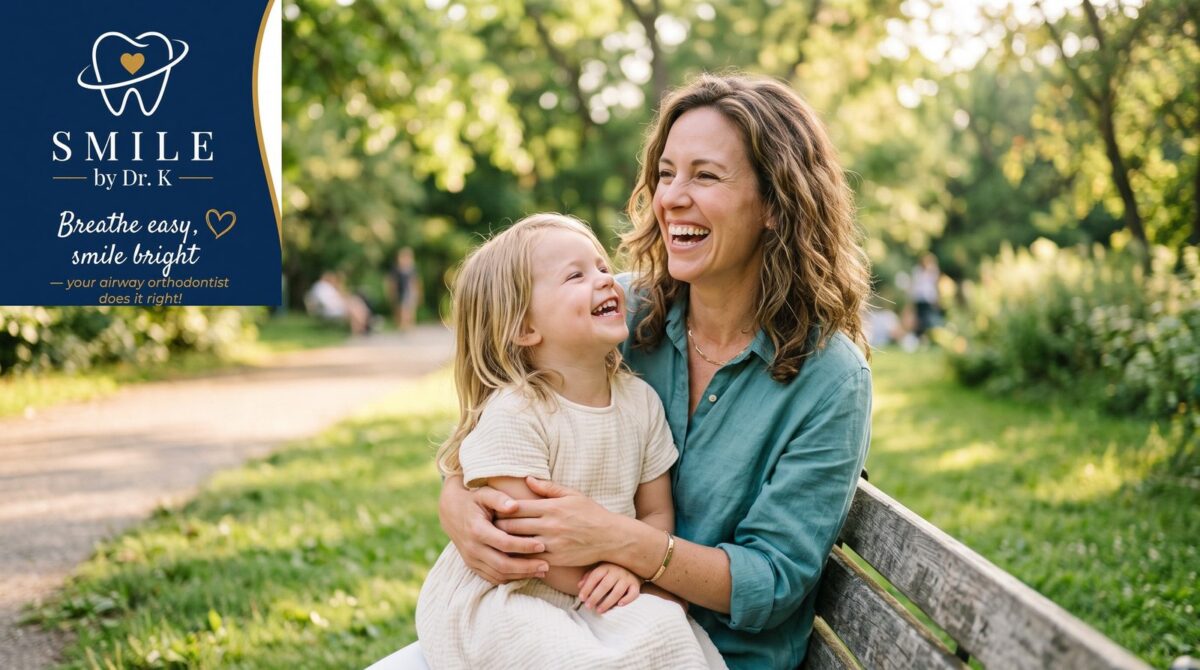 Joyful parent and child laughing together outdoors, illustrating airway orthodontics as health not just straight teeth, Smile By Dr. K branded image