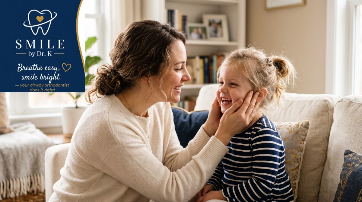 Mother gently holding her smiling young daughter's cheeks, illustrating early orthodontic screening at age 7 and the nickel test, Smile By Dr. K branded image